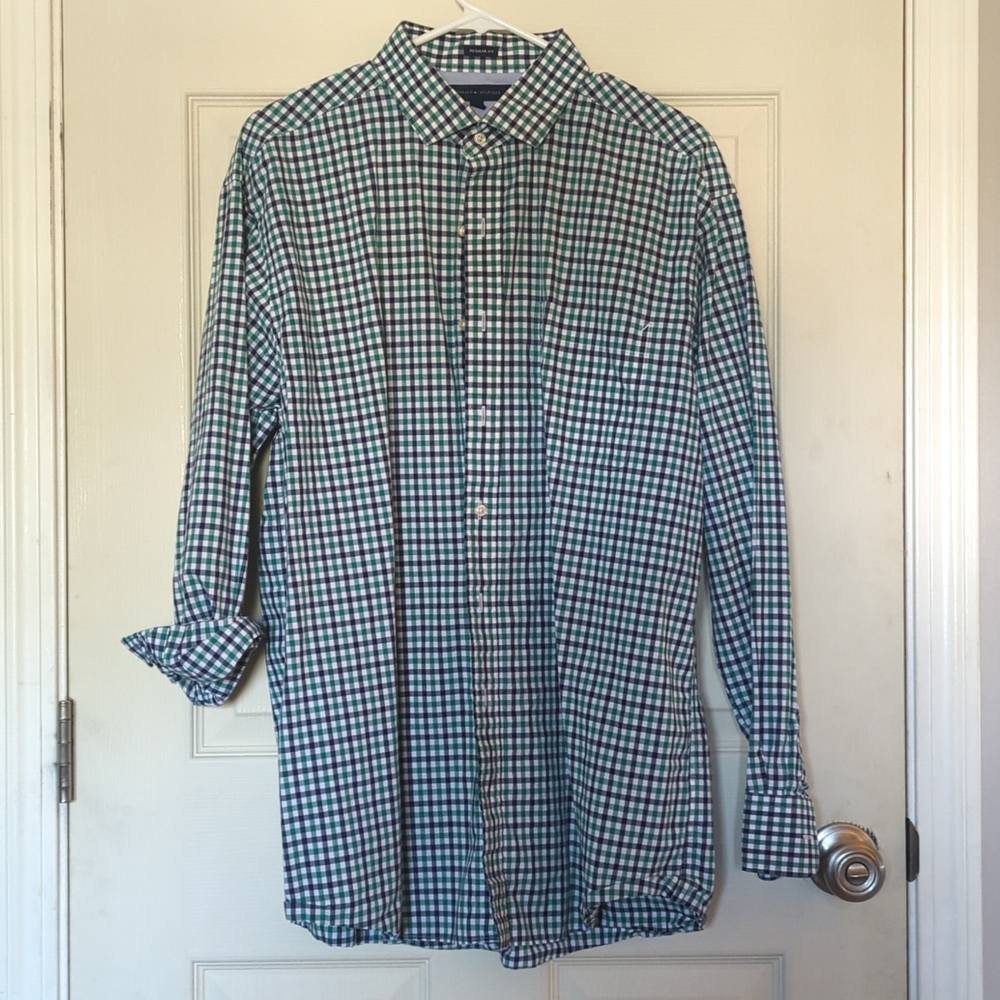 Tommy Hilfiger Mens button up navy, green, and white gingham